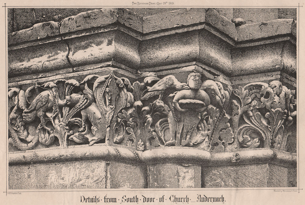 Details from south door of Church - Andernach. Germany 1869 old antique print